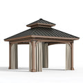 Pavillon 400 x 400 cm Holz Metall Braun Schwarz mit Vorhängen für Garten