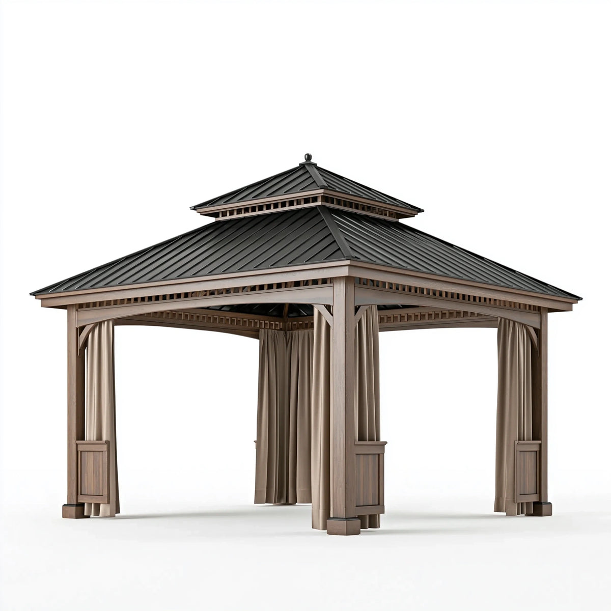 Pavillon 300 x 300 cm Holz Metall Taupe Schwarz mit Vorhängen
