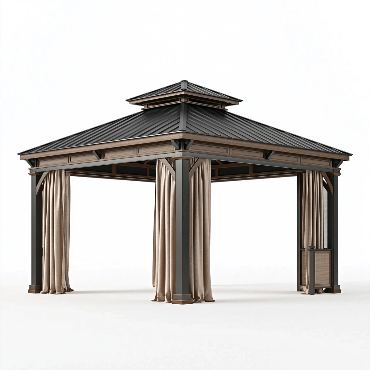 Pavillon 300 x 300 x 280 cm mit Metallgestell in Anthrazit Braun - Gartenüberdachung mit Vorhängen