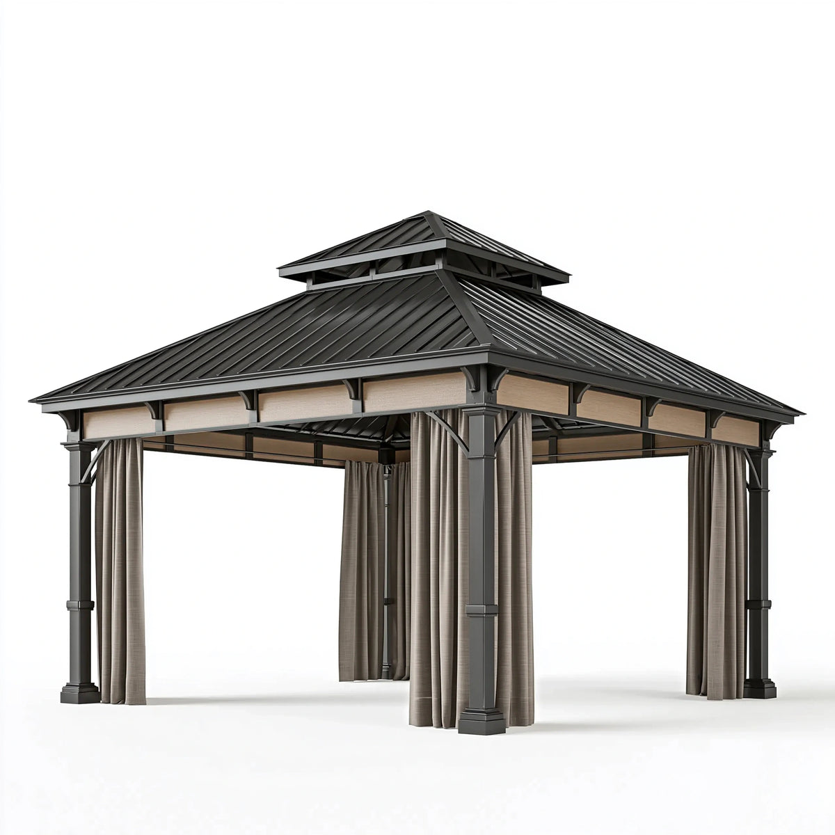 Gartenpavillon 400 x 400 x 320 cm Metall Anthrazit Beige mit Vorhängen Klassisch