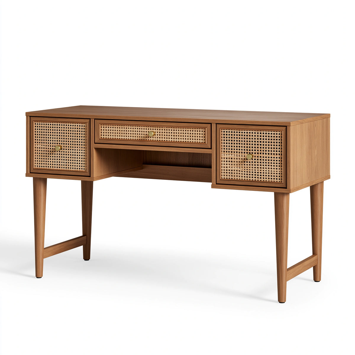 Schreibtisch 120 x 50 x 75 cm in Braun aus Holzwerkstoff mit Rattangeflecht - Retro Arbeitstisch mit Stauraum