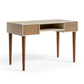 Schreibtisch 120 x 50 x 76 cm aus Holzwerkstoff in Beige Braun mit Rattangeflecht im Mid-Century-Stil
