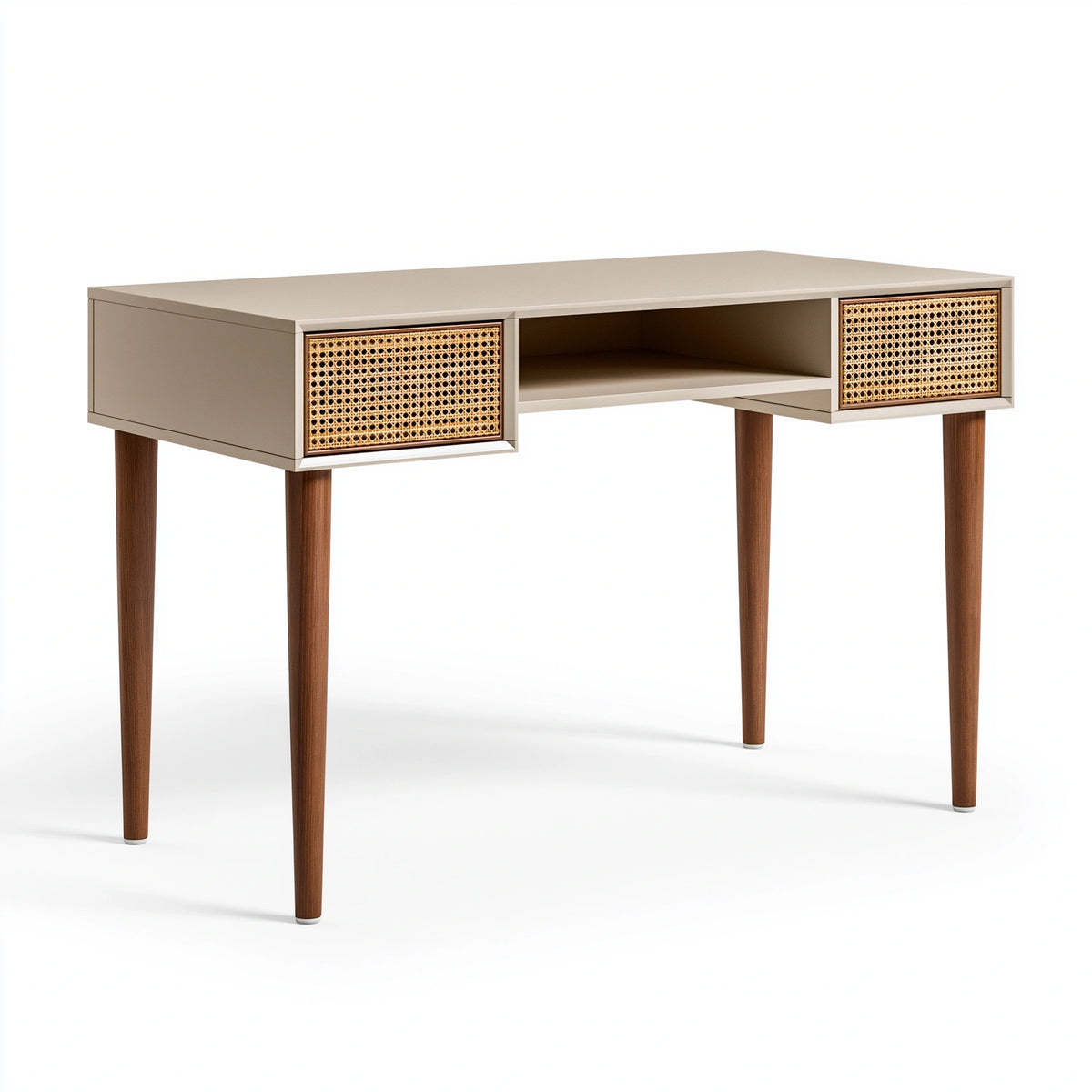 Schreibtisch 120 x 50 x 76 cm aus Holzwerkstoff in Beige Braun mit Rattangeflecht im Mid-Century-Stil