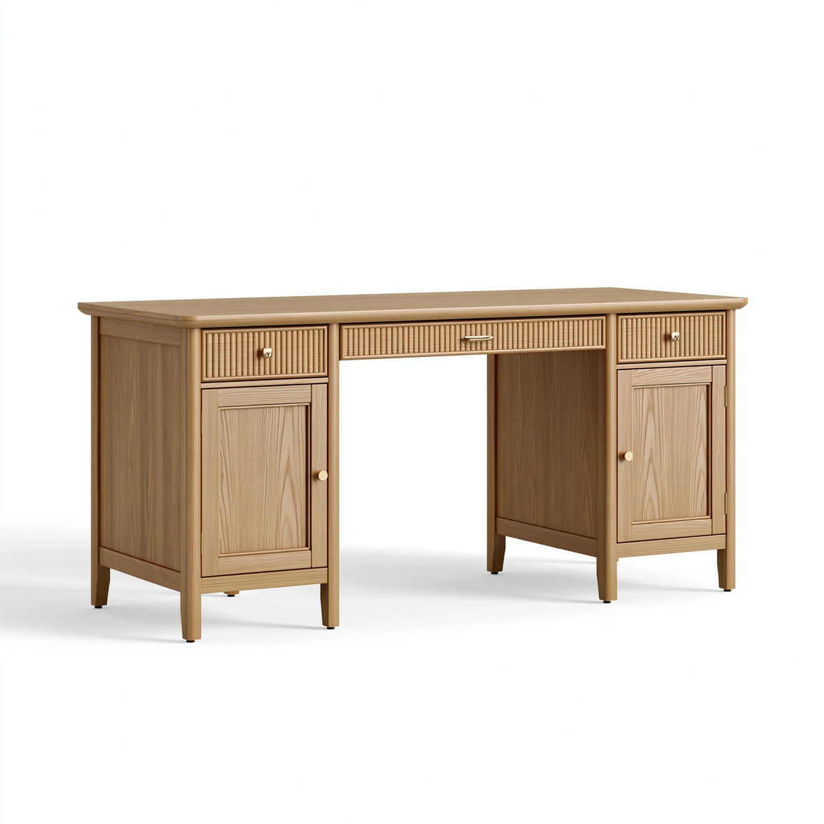 Schreibtisch 140 x 60 x 75 cm Holz Natur - mit Schubladen und Schranktüren im klassischen Stil