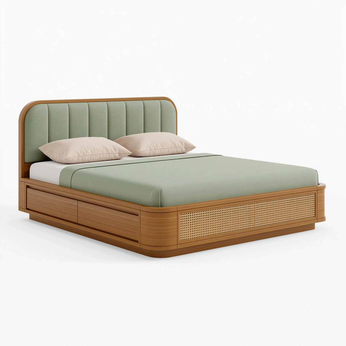 Stauraumbett 180 x 200 cm Holz Grün mit gepolstertem Kopfteil und Rattanfront