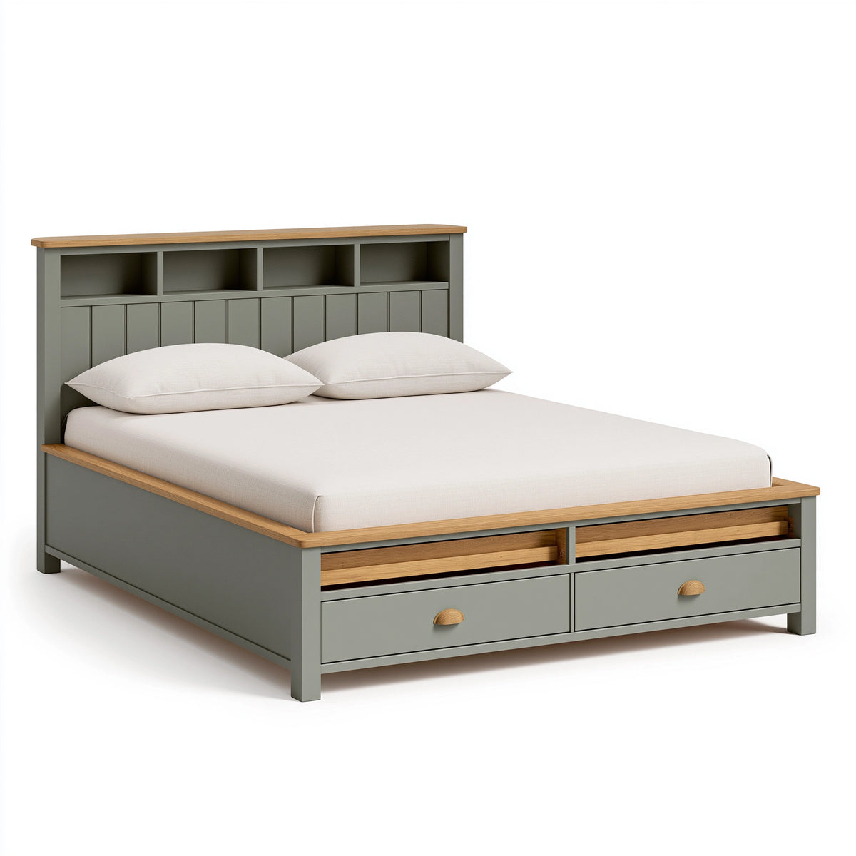Doppelbett 160 x 200 cm Holzwerkstoff Grün Natur mit Stauraum und Regal Kopfteil