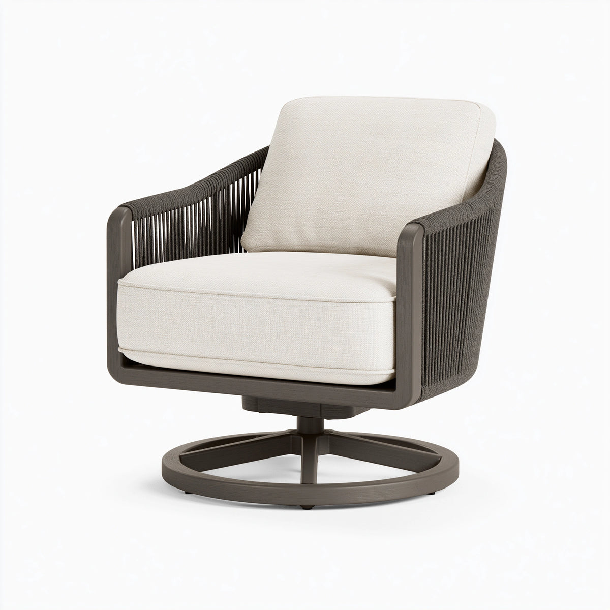 Drehsessel 80 x 85 x 85 cm mit Stoffpolsterung in Creme und Seilgeflecht in Dunkelbraun